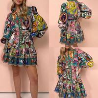Robe personnalisée pour femme, vêtement sur mesure imprimé, col montant, manches bouffantes, volants, mini-robe de soirée pour femme