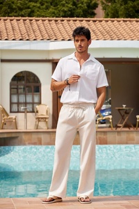 Pantaloni Larghi da <span class=keywords><strong>Uomo</strong></span> in Lino Casual, Leggeri in Tela Tinta Unita con Elastico in Vita e Coulisse, Servizio OEM, Estivi da Spiaggia - Vendita all'Ingrosso - Product Image 2