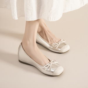 Ballet <b>Flats</b> Round Toe Slip-On With Bow Height Increasing All Seasons Solid Color Comfortable <b>Flat</b> Shoes For Women - Product Image 3