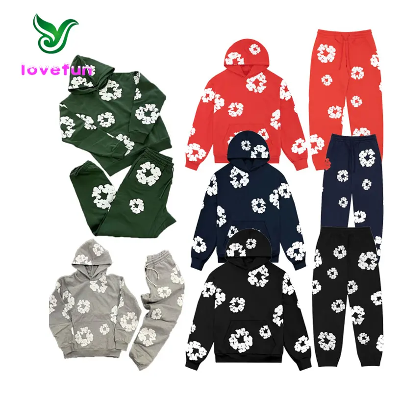 2024 New Fashion Flower Print Hooded Sweatsuits Hoodies 2 Piece Jogger Set Sports Womens Jogger Tracksuit