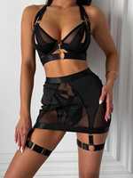 Ensemble de Lingerie de Luxe en Maille Noire, Jupe de Punition, Sous-vêtements Sexy en Maille Transparente, Ensemble Érotique 3 Pièces pour Femme avec Strings