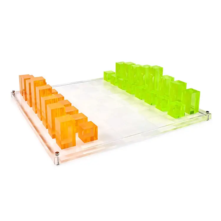 JAYI Acrylic Chess Game Supplier Orange and Green Large Lucite Chess Set Clear Lucite board with color Lucite pieces