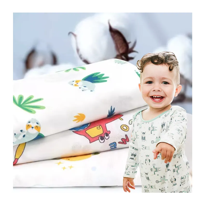 Tela de felpa de punto de fibra de bambú transpirable personalizada, tela de Jersey de algodón con estampado Digital para ropa de bebé