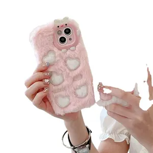 Coque de téléphone brodée en peluche pour Iphone 14/13 Pro Max, mignon, automne, hiver, avec chaleur, petit monstre, amour, coeur, couverture arrière