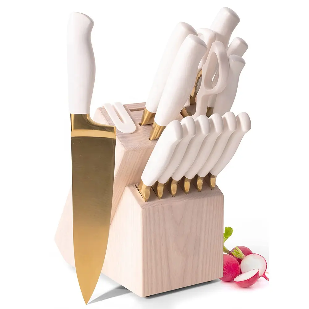 Hochwertiges kukhonnyye nozhi edelstahl-küchenmesser-set gold koch küchenmesser-set küchenmesser mit holzhalterung