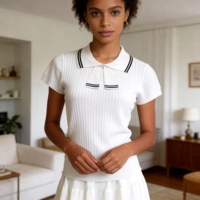 Soldes : Pull en maille taille unique, style preppy, col rabattu, col à nœud, léger et tendance, modèle trois-quarts