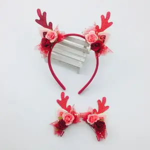 New Christmas Headwear Flower Deer Horn Hair Band Red Children'S Headband Kids Hair Pins Diy Kits For Kids