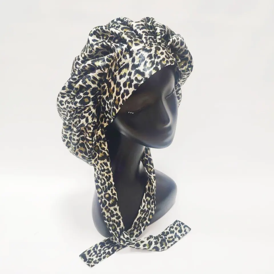Womens Hair Hat Silk Night Sleep Leopard Print Cap Hair Bonnet Hat Head Cover Satin Turban Bonnet
