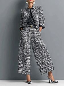 Ensemble tailleur élégant 2 pièces imprimé pour femme : veste à col montant et pantalon droit large en Spandex/Polyester, anti-boulochage et respirant - Product Image 5