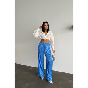 Pantalones Casuales de Satén Jacquard Azul para Mujer, Cintura Elástica, Corte Ancho, Tejido Transpirable para Otoño, Color Lavado - Product Image 2