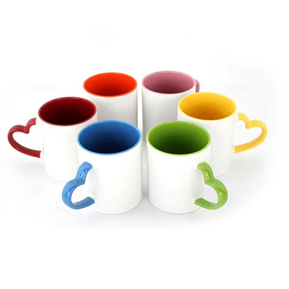 Popular colorful 11oz ceramic coffee mug with heart shape handle for promotion