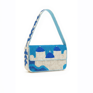 Sac à main perlé fait main, forme rectangulaire, bleu et blanc, motif architecture grecque, broderie en coton, artisanat écologique et durable - Product Image 1