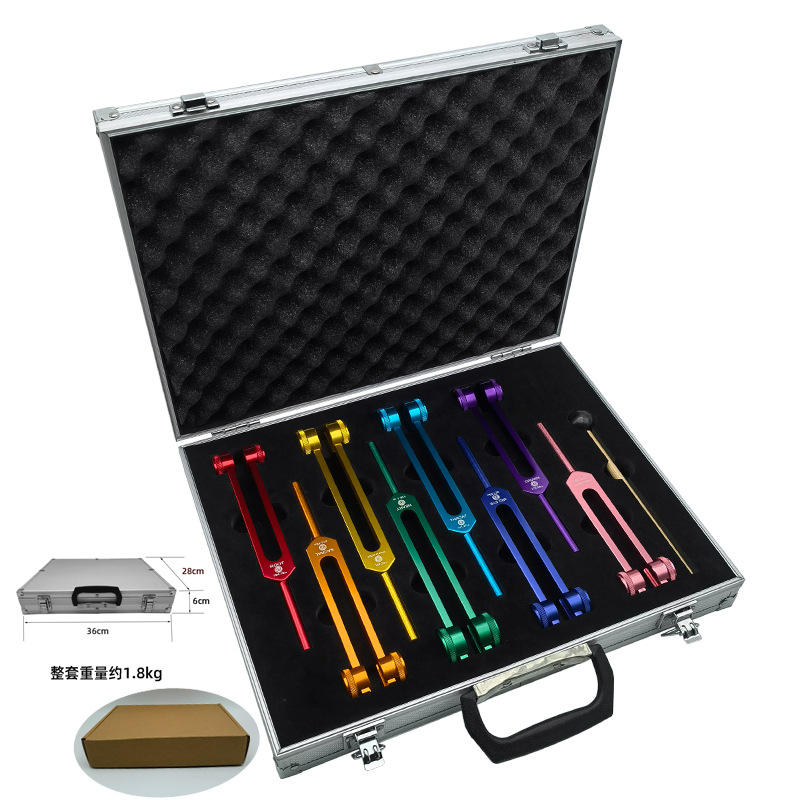 Un juego de 8 diapasones de colores en caja de aluminio plateado.