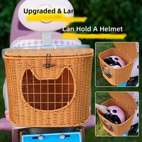 Panier de transport universel pour animaux de compagnie pour vélo électrique, avec couvercle anti-évasion et design ajouré pour chat, panier imitation rotin pour animaux de compagnie, pour montage avant ou arrière