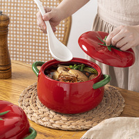 Bol à soupe/ramen en céramique TG-capacity, mignon en forme de tomate, avec couvercle de couleur sous-glaçure de haute qualité et doubles poignées anti-brûlures
