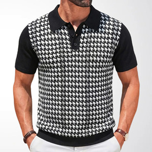 Maglia a maniche corte da uomo in viscosa jacquard fantasia pied-de-poule retrò, effetto seta ghiaccio rinfrescante, taglia standard europea e americana - Product Image 5