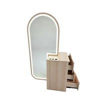 Station de coiffure avec tiroirs, meuble miroir en chêne, éclairage LED, support pour sèche-cheveux, unité de coiffure pour coiffeurs