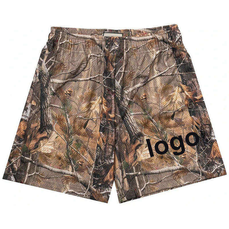 Oem Custom Jungle Print Mesh Shorts Camo Groothandel Heren Zomer Casual Hoge Kwaliteit Trekkoord Camouflage Echte Boom Mesh Shorts