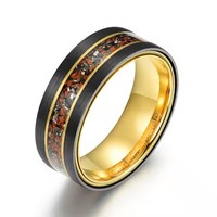 Perhiasan Mewah Gentdes, Cincin Emas, Perhiasan Cincin Tungsten Hitam untuk Pria, Cincin Senar Gitar, Cincin Tulang Dinosaurus dan Meteorit