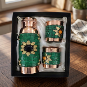 Pure Copper Water Bottle Set Matte Finish Diamond Paste Drinkware <b>Gift</b> <b>Box</b> Leak Proof Reusable for Travel - Indian Home Crafts - Product Image 3