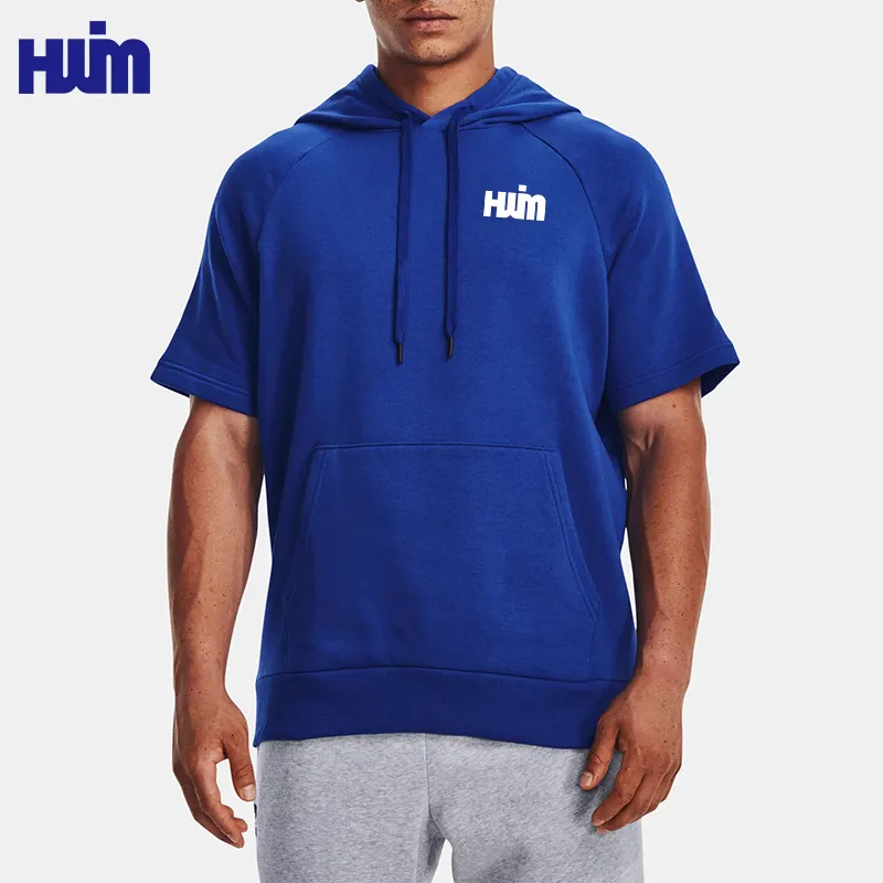 Custom Logo Men's Workout Hooded Tops Bodybuilding Muscle Cut Off Short Sleeves T Shirt Gym Hoodies