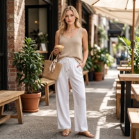 Pantalon large taille haute en polyester pour femme, avec cordon de serrage, formel, écologique, décontracté, pour l'été, avec poches unies