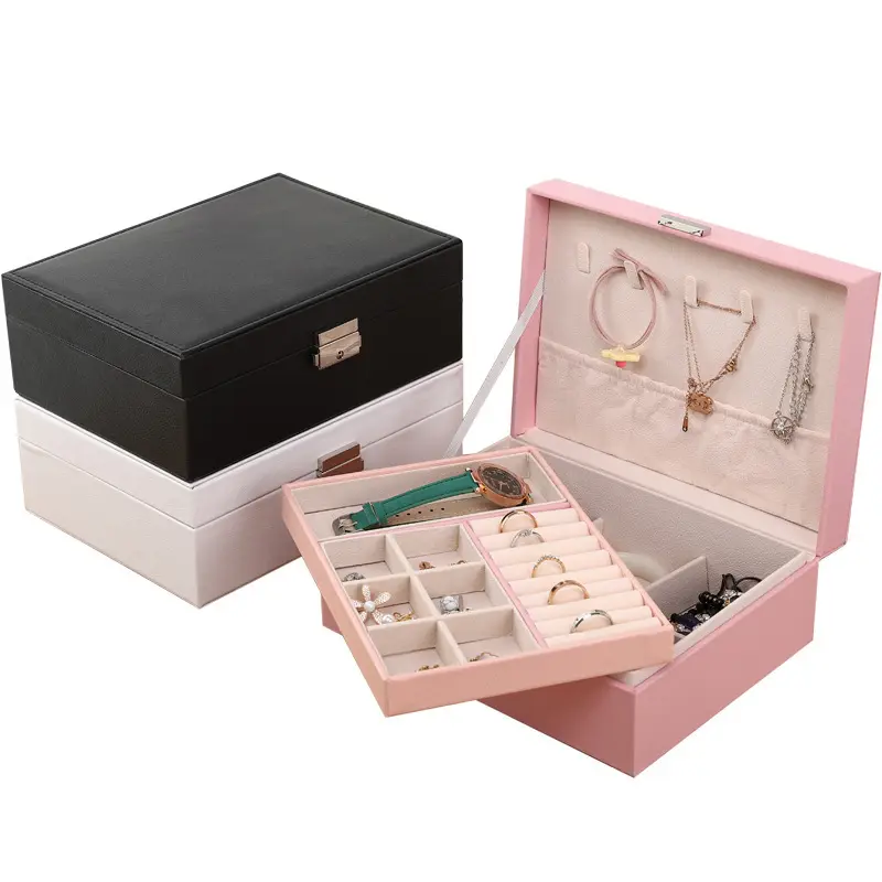 Gỗ sang trọng Faux PU da hộp đồ trang sức đóng gói đồ trang sức màu hồng Organizer đứng cho món quà và đồng hồ với khóa và chìa khóa