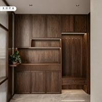 Mueble de Entrada de Madera Color Nogal Personalizado para Proyecto Residencial, Sistema de Almacenamiento para Vestíbulo con Paneles Acanalados y Banco para Sentarse