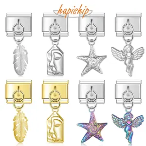 Hapiship 2024, abalorio de estrella de <span class=keywords><strong>Palma</strong></span> de plumas de acero inoxidable para mujer, eslabones italianos aptos para pulsera de 9mm, fabricación DIY, joyería de moda DJ847 - Product Image 2