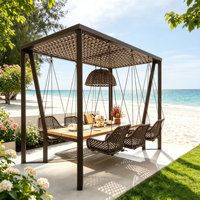Ensemble de salle à manger moderne de luxe avec pergola et balançoires, chaises suspendues en rotin imperméables et résistantes à la rouille pour villa, jardin, hôtel, complexe hôtelier
