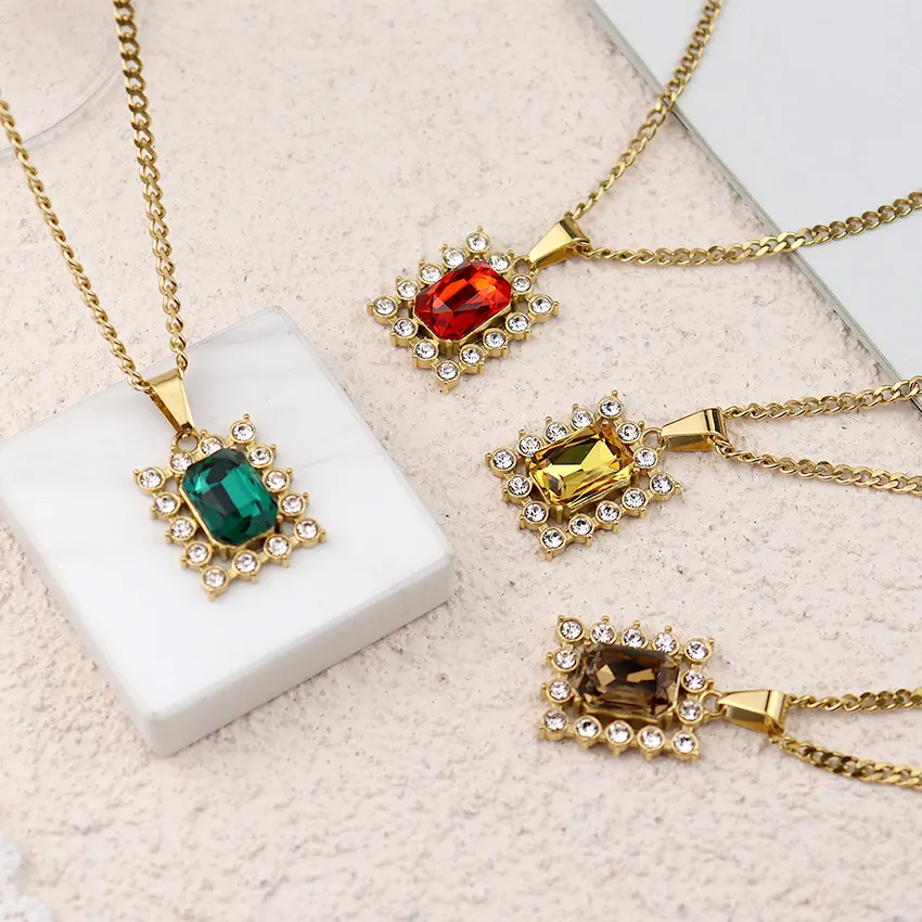 Delicate Gemstone Necklaces Hypoallergenic Jewelry 18K Gold Plated Elegant Square CZ Diamond Pendant Necklaces for Women