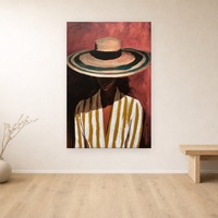 Peinture à l'huile abstraite peinte à la main sur toile roulée, art mural, femme au chapeau de paille, rouge moutarde, décoration moderne pour la maison