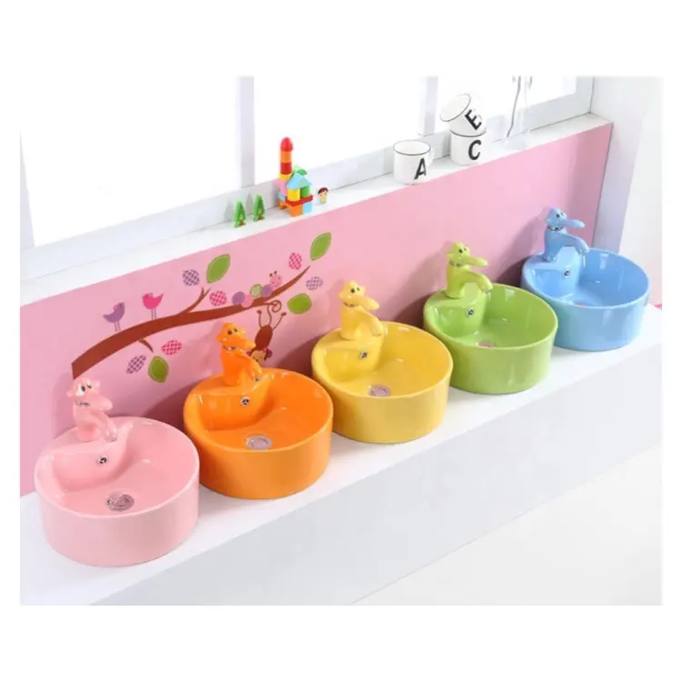 Lavabo colorido para jardín de infantes, encimera de tamaño pequeño, fregadero de cerámica para niños