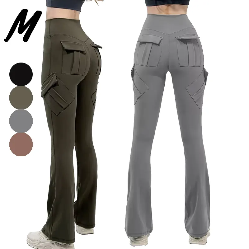 2024 Wholesale High Waisted Skinny Fitness Pants Solid Color Cargo Pants Multiple Pockets Womens Flare Leggings