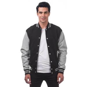 Veste universitaire noire personnalisée avec manches grises, style universitaire, boutonnée, coupe bomber, bordure côtelée, streetwear pour hommes - Product Image 1