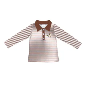 All'ingrosso abbigliamento per bambini ragazzi a manica lunga camicia Polo a righe marrone alta qualità ricamo latte di anatra di seta t-Shirt