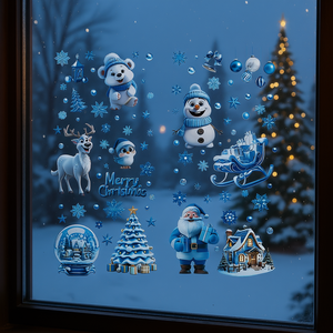 Autocollants statiques réutilisables pour fenêtres de Noël, thème bleu, motif Père Noël, rennes, bonhomme de neige, flocons de neige, double face - Product Image 2
