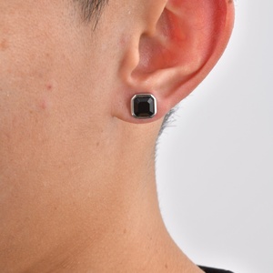 Men's Trendy <b>Black</b> Agate Bezel Setting <b>Stud</b> <b>Earrings</b> Silver Plated Stainless Steel Geometric Square Fashion Jewelry for Daily - Product Image 5