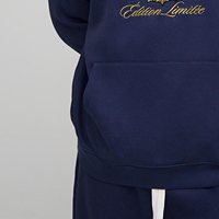 Setelan Sweatshirt Hoodie Pria Biru Dongker Ukuran Besar dengan Logo Bordir, Tracksuit Fleece Kasual, Regular Fit, Pakaian Musim Gugur