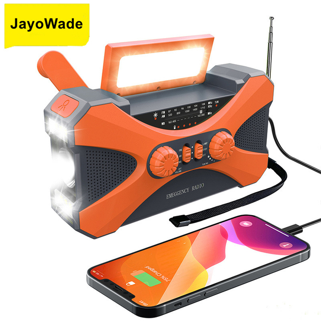 JayoWade Portable 10000mAh Power Bank LED Flashlight Solar Hand Crank Operated Emergency AM FM Radio Stereo Internet Radio DC