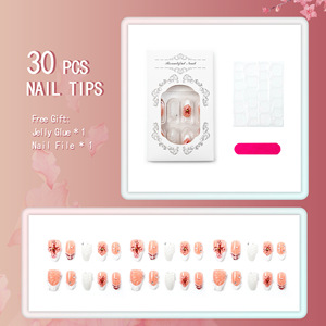 Ongles à presser 3D en forme d'amande, couvrance totale, qualité supérieure, avec French manucure blanche, ajustement naturel, faits main, strass - Product Image 4