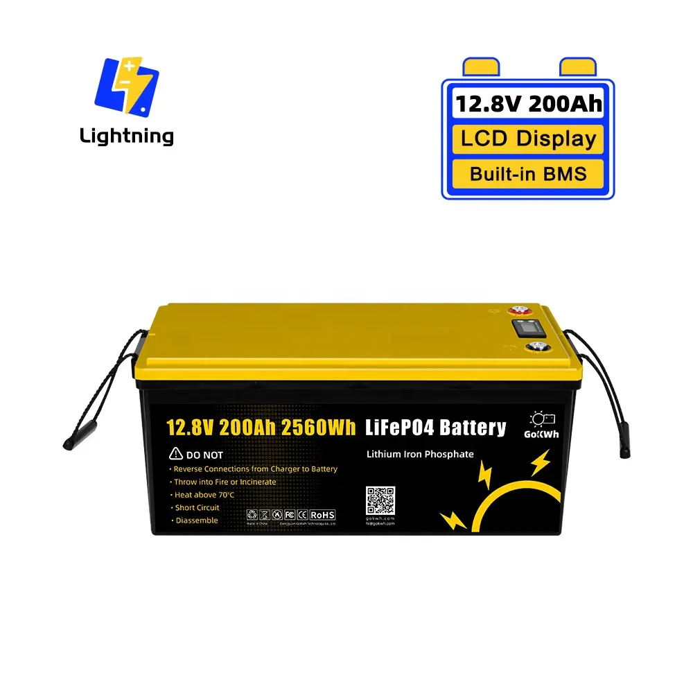 GoKWh 12 volt 100 ah Battery Lifepo4 12V 100Ah 200Ah Lithium ion Solar Akku with LCD for RV Home Boat Storage Energy