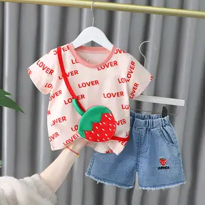 Yaz kore yürüyor bebek kız giysileri seti T-Shirt + Denim şort 2 adet çocuklar kıyafetler elbiseler Set