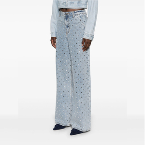 Jean <span class=keywords><strong>taille</strong></span> <span class=keywords><strong>basse</strong></span> pour <span class=keywords><strong>femme</strong></span>, coupe droite ample, denim délavé vintage, entièrement orné de strass, style streetwear sexy, look décontracté - Product Image 2