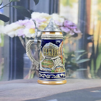 Chope à bière classique allemande en porcelaine 3D en relief avec couvercle en aluminium, poignée écologique et réutilisable pour collection de vin et bière, cadeau