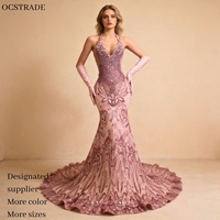 Robes de bal Ocstrade de haute qualité, luxueuses, roses, ornées de strass, élégantes, à col halter, sexy, transparentes, style sirène, avec gants.