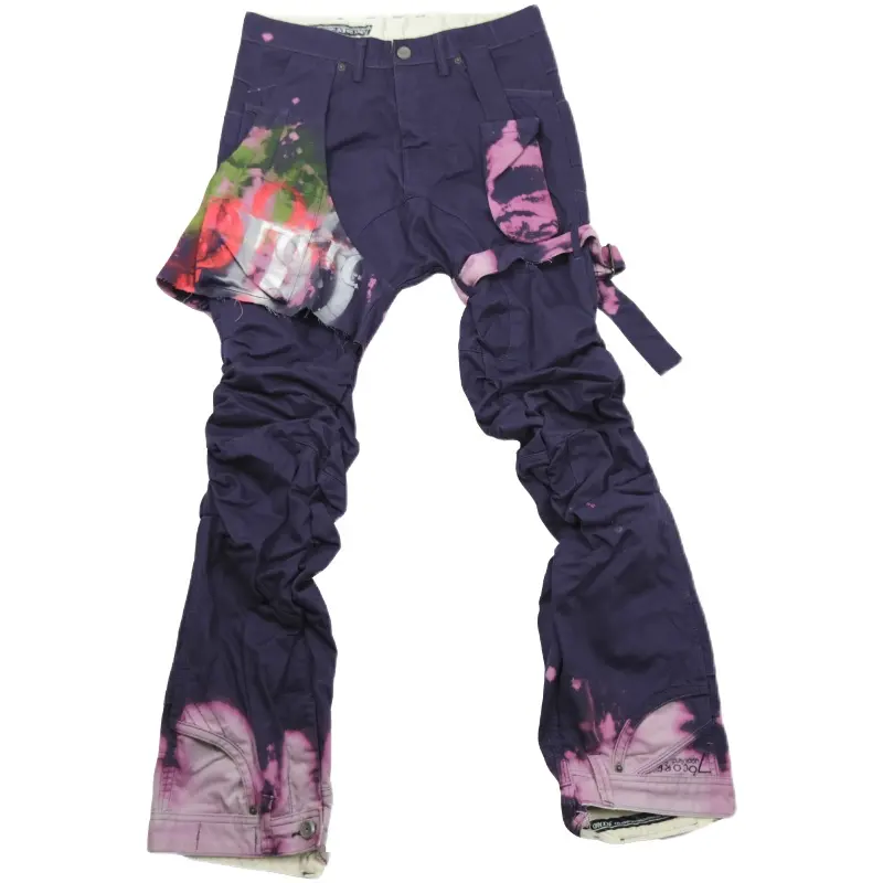 Wholesale Custom Denim Purple Jeans Men's Stylish Pants Hip Hop Pants Folds Stacked Pants