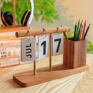 Solid Wood Multi Functional Pen Holder With Flip <b>Calendar</b> Desk Organizer Office Stationery Storage Square Shape Rubber Wood - Product Image 2