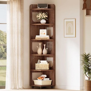 Étagère d'angle moderne en bois SENYU avec 5 étagères ouvertes, design gain de place pour salon, meuble de rangement autoportant - Product Image 1
