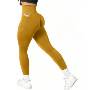 Leggings Sportivi Senza Cuciture Elasticizzati in Quattro Direzioni con Doppia Tasca, Vita Alta, <span class=keywords><strong>Taglie</strong></span> <span class=keywords><strong>Forti</strong></span>, Elastici, Aderenti, Tinta Unita, Pantaloni Yoga da <span class=keywords><strong>Donna</strong></span> - Product Image 5